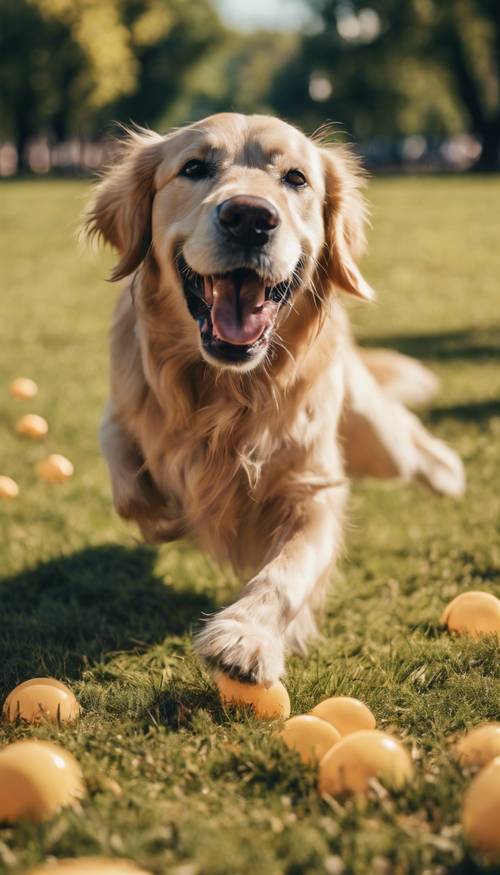 Un cane golden retriever che gioca a prendere in un parco durante un pomeriggio soleggiato.