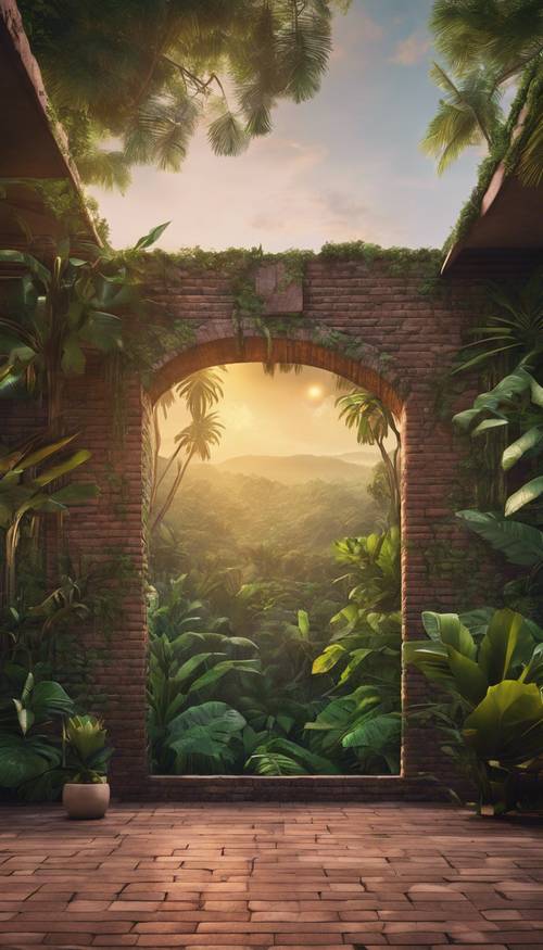 Um mural 3D de uma floresta tropical ao amanhecer na lateral de um prédio de tijolos