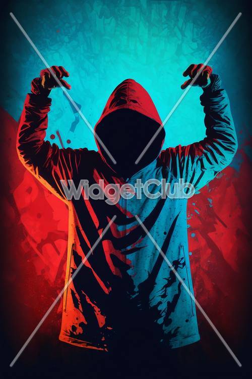 Colorful Hooded Figure on Red and Blue Background