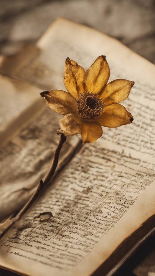 A dry, antique flower pressed between the pages of a well-loved, age-yellowed classic novel.