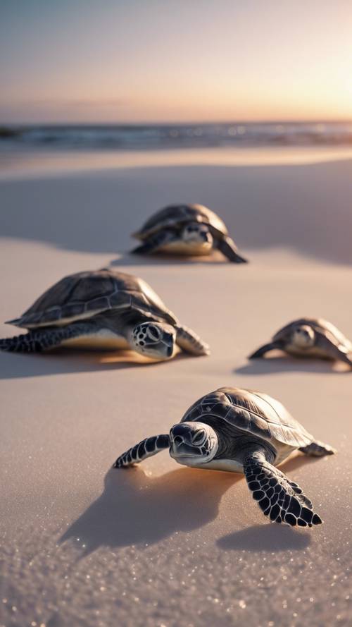 Duas tartarugas marinhas bebés na areia branca da praia sob o luar, prontas para começar a sua viagem oceânica.