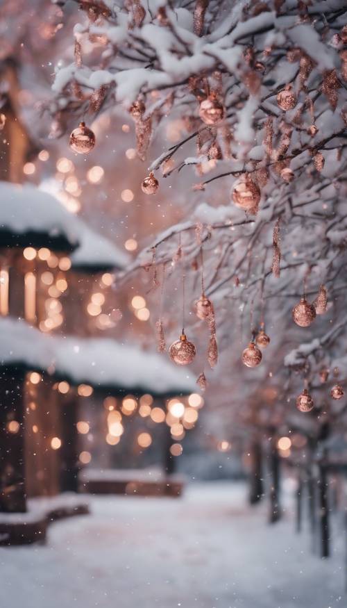 Eine verschneite Weihnachtsszene in der Dämmerung, in der alles in einem roségoldenen Farbton funkelt.