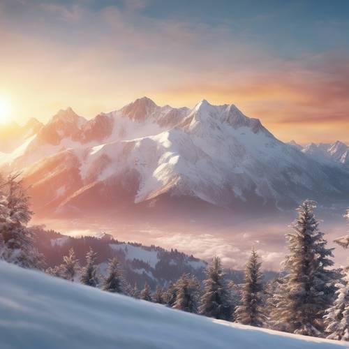 灿烂日出背景下的白色雪山的绝美照片。