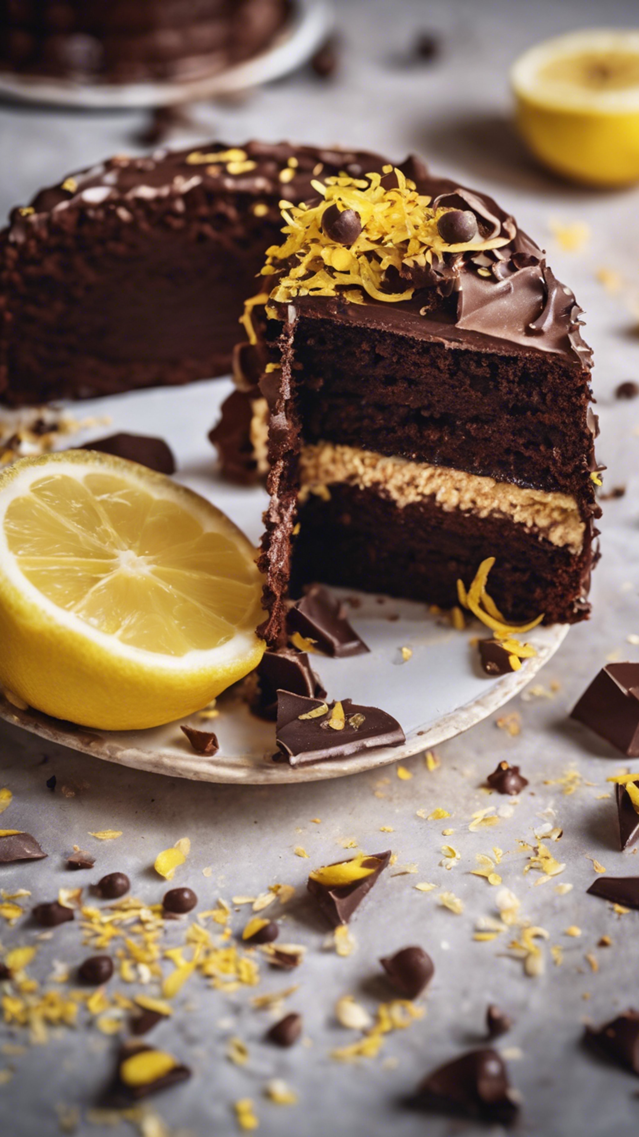 A slice of rich chocolate cake with yellow lemon zest sprinkled on top. Sfondo[a5c73c6ece1941b4ba95]