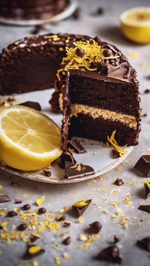 A slice of rich chocolate cake with yellow lemon zest sprinkled on top.
