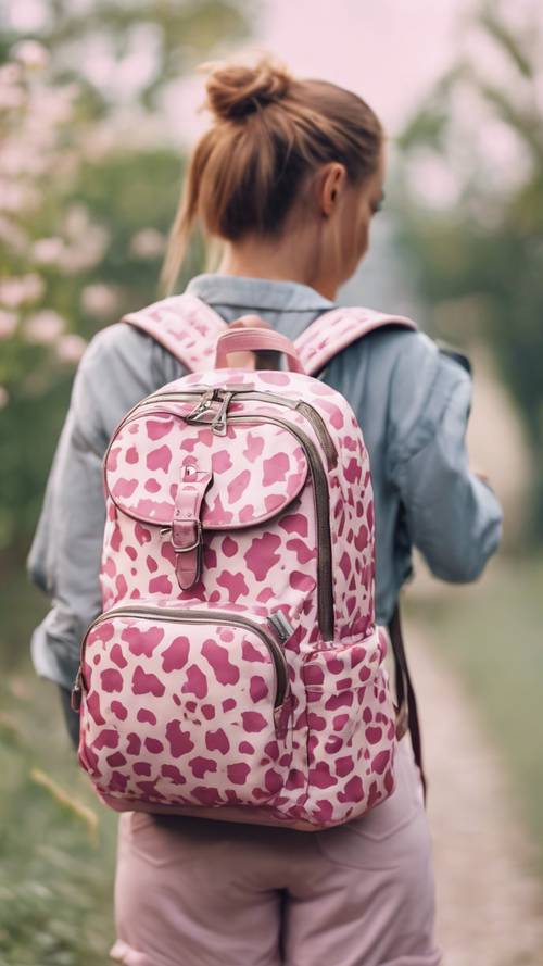A girl's backpack with a trendy pink cow print pattern.