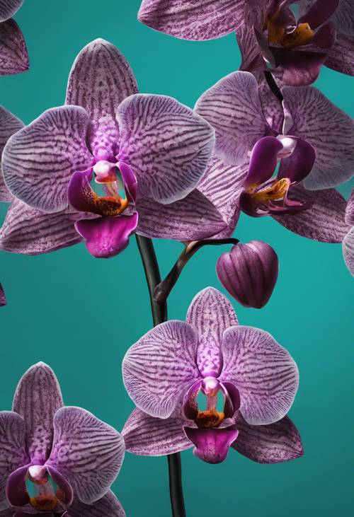 Un motif floral damassé tranquille contenant des grappes d’orchidées exotiques sur une surface bleu sarcelle frappante.