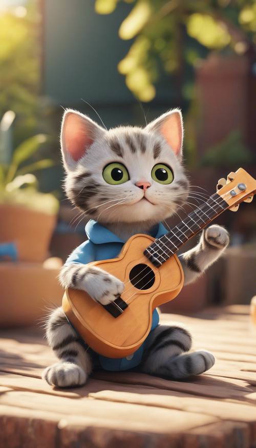 A cartoon illustration of a small, cheerful cat playing a small ukulele in the middle of a sunny backyard.