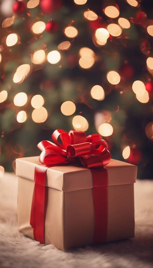 Un coffret cadeau joliment emballé avec un grand nœud en ruban rouge, placé sous un sapin de Noël bien éclairé.