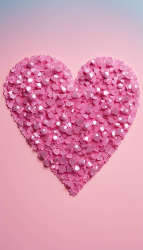 Розовые блестки расположены в форме сердца на пастельном фоне.