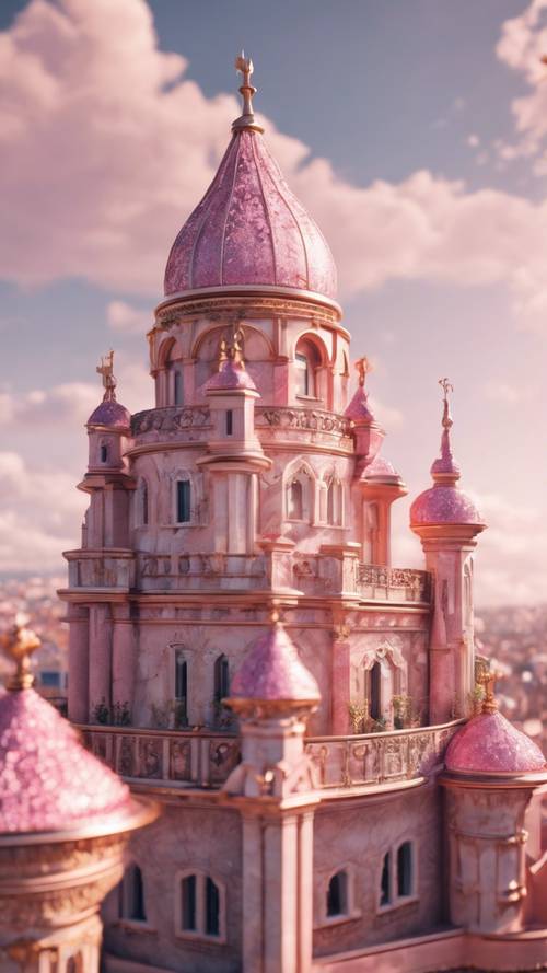 一座華麗的粉紅色大理石城堡，在陽光明媚的下午，金色的屋頂閃閃發光。