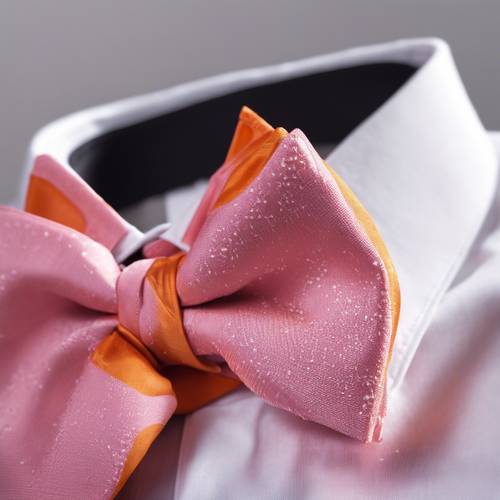 Dettaglio di un papillon preppy rosa su una camicia bianca, con un fazzoletto da taschino arancione.