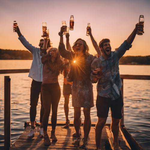 Un vivace gruppo di amici che festeggia la fine della giornata insieme ad un vivido tramonto sul molo.