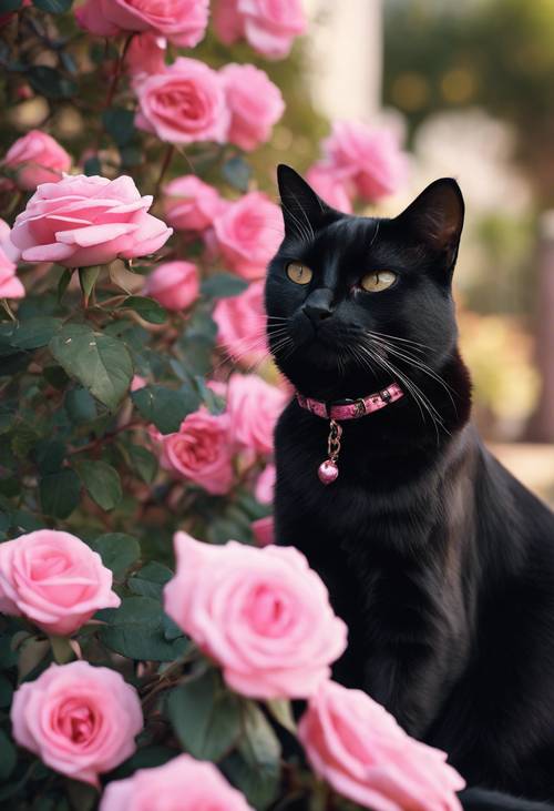 חתול שחור עם צווארון ורוד מבריק, יושב ליד שיח ורדים ורוד פורח להפליא בשמש אחר הצהריים מקסימה.