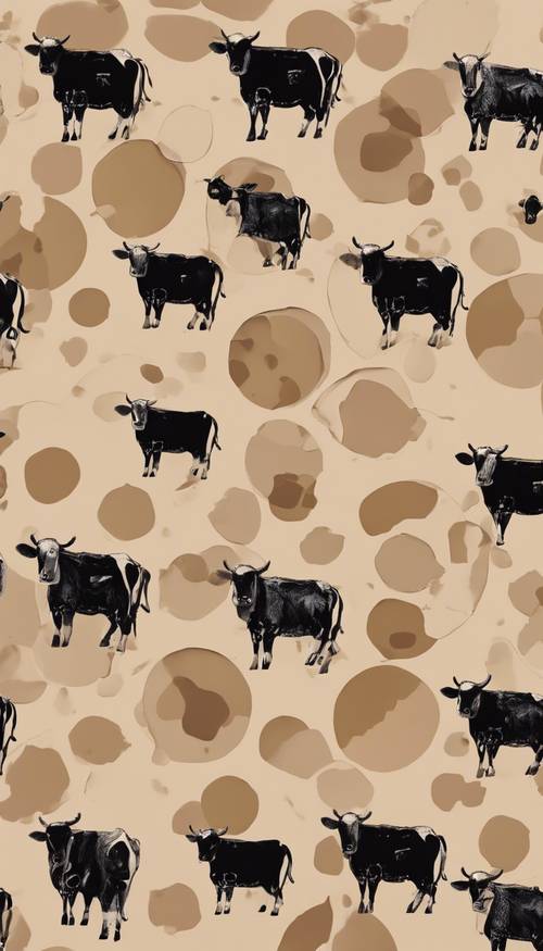 円形の牛柄が控えめな茶色の背景に散りばめられた壁紙