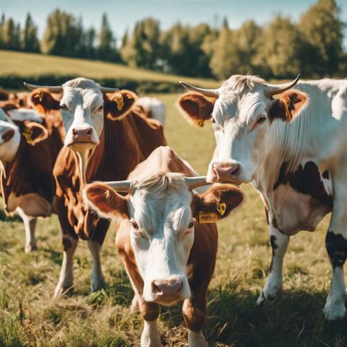 A herd of stylish cows dressed in bright, preppy clothing, enjoying a sunny day Tapeta na zeď [74eb5e540f534679b629]