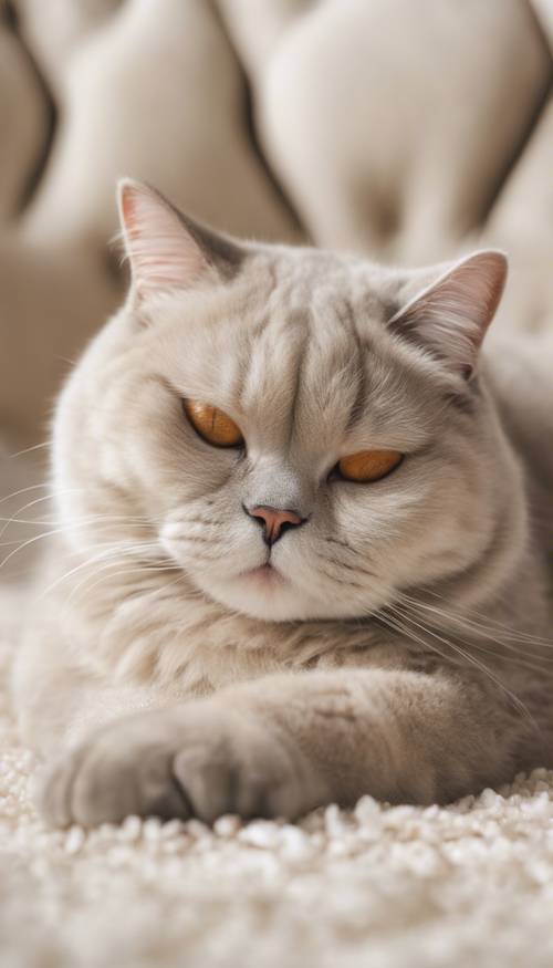 A British shorthair cat with light golden fur sleeping on a plush white carpet.