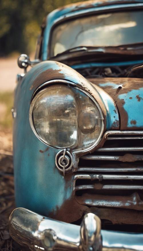 在明亮的阳光下，特写一辆涂有金属蓝色油漆的旧式生锈老式汽车。