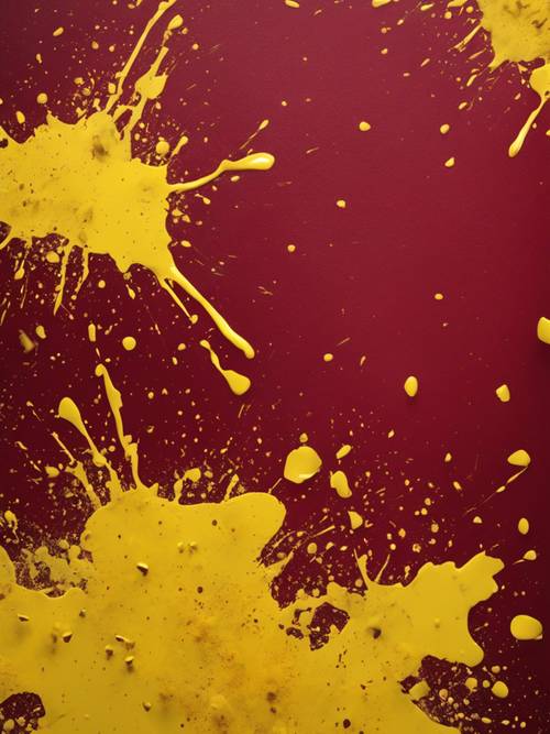 Oeuvre abstraite présentant une éclaboussure de jaune vif sur une toile rouge foncé, créant un motif sans couture.