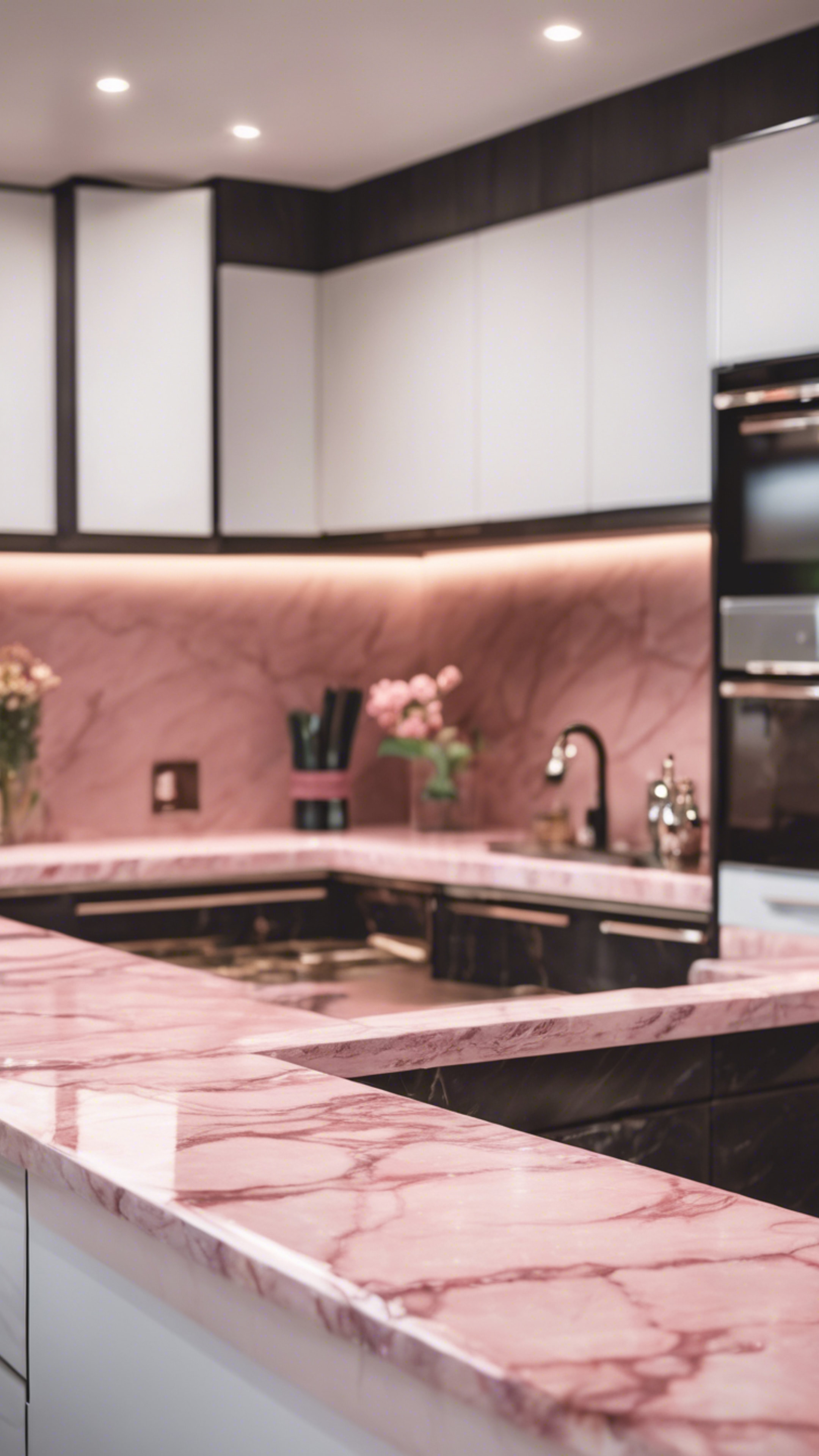A rosy pink marble countertop sparkling in a modern kitchen. Валлпапер[be2142cfde9545daae7b]