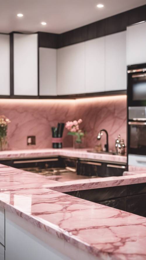 A rosy pink marble countertop sparkling in a modern kitchen.
