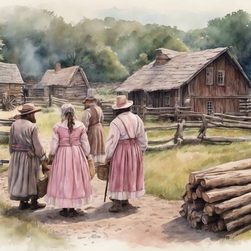 Pastoral scene of the Plymouth colony with pink-hued pilgrim costumes and log houses, painted in watercolor. Tapeta [9b06b28e33a24a3fabe7]