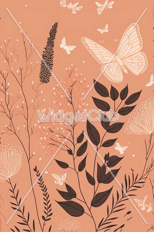 美しい自然柄の壁紙：蝶と植物