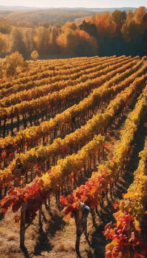 Pemandangan panorama kebun anggur dalam kemegahan musim gugur yang penuh, setiap deretan tanaman anggur diselimuti oleh dedaunan berwarna kuning, oranye, dan merah.