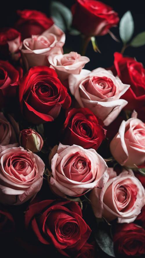 一束优雅的玫瑰，颜色有多种红色色调，用黑纸包裹。