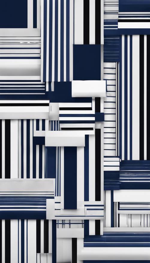 A abstract minimalist graphic design with navy blue and white stripes intermingling.