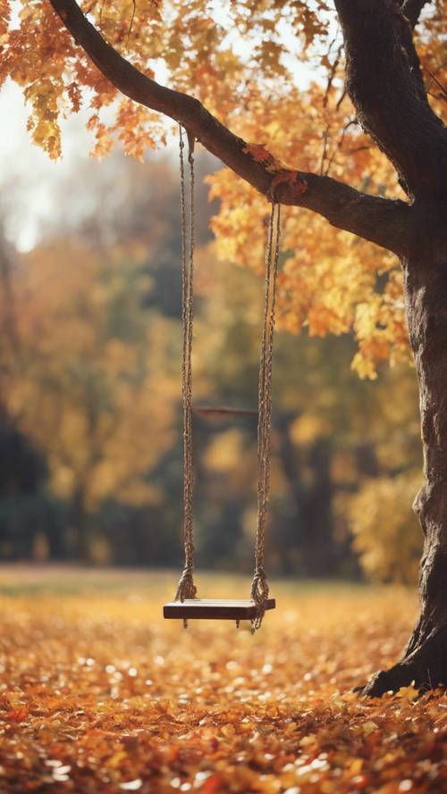 鞦韆掛在樹枝上，秋葉色彩繽紛。