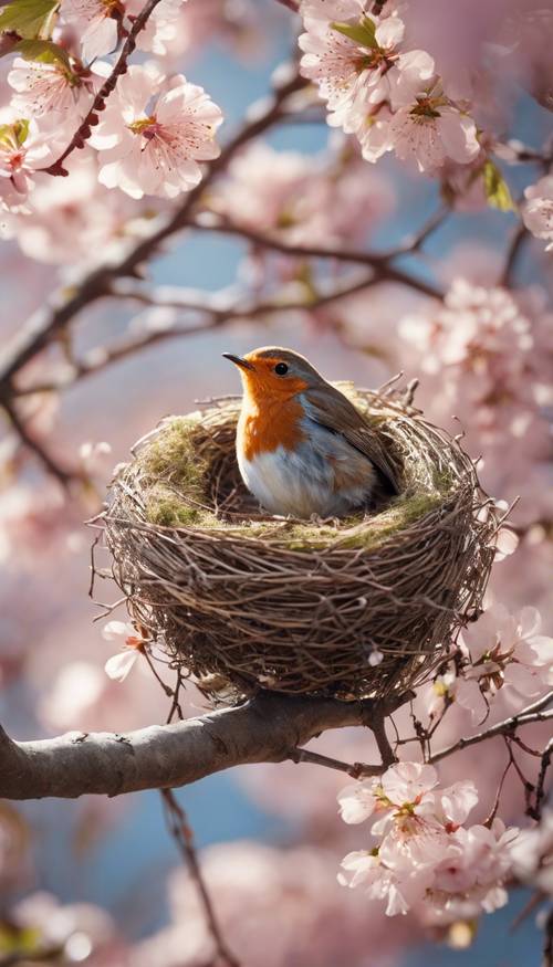 春の朝、桜の木の花の枝にやさしい光が差し込む中、きれいな巣を作るコマドリの壁紙