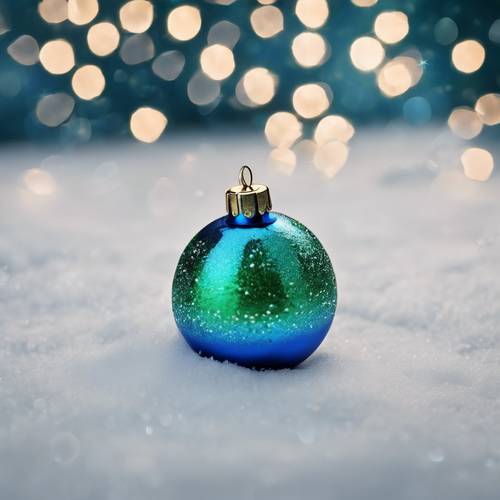 A glittering blue and green Christmas ornament against a snowy backdrop.
