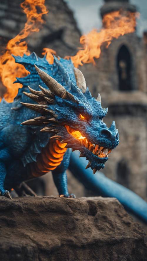 Un fantastico drago blu che sputa fiamme arancioni in un ambiente medievale.