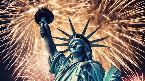 Una toma simbólica de la Estatua de la Libertad con los fuegos artificiales del 4 de julio iluminando el cielo nocturno detrás de ella.