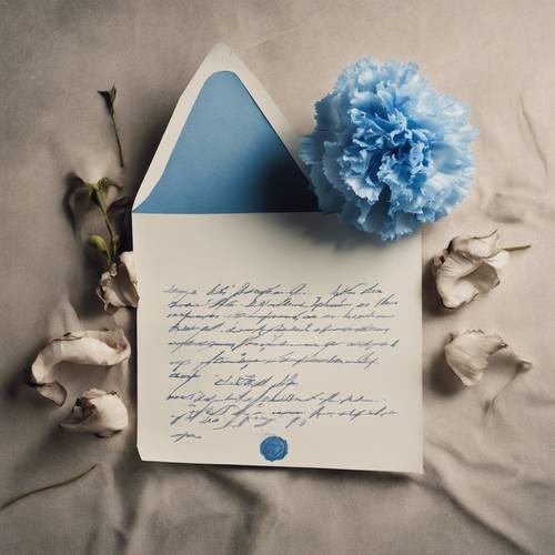 Um cravo azul e uma carta de amor num envelope antigo.