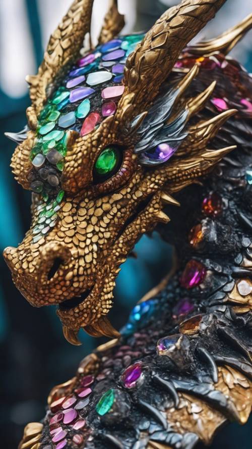Un ritratto di un drago regale con scaglie multicolori simili a gioielli.
