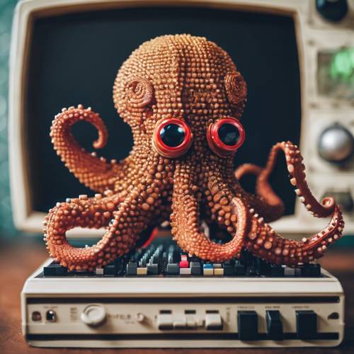 A pixel art representation of an octopus playing a vintage video game.