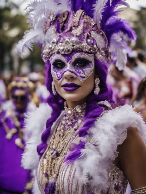 Tętniąca życiem parada Mardi Gras z fioletowymi i białymi kostiumami i dekoracjami.