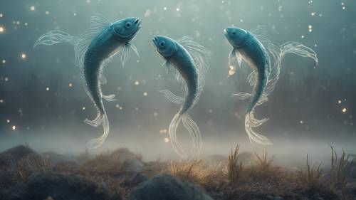 A magical depiction of the Pisces sign as two fish-shaped will-o'-the-wisps dancing above a foggy moor at midnight.