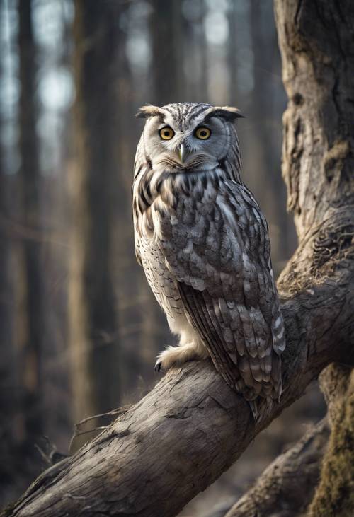 An owl with blue eyes sitting quietly in a gray, haunted, ancient wood.