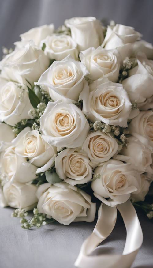 ช่อดอกไม้เจ้าสาวที่หรูหราประกอบด้วยดอกกุหลาบสีขาวสดใส กลิ่นลมหายใจของทารก และประดับด้วยริบบิ้นผ้าซาตินเนื้อนุ่ม