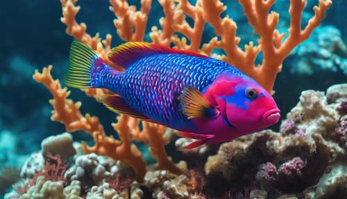 A close-up of a red and blue parrotfish swimming in a vibrant coral reef".