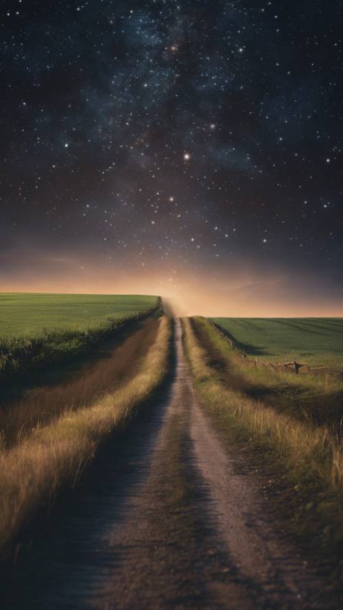 Una carretera rural desierta que atraviesa campos, bañada por el resplandor distante de un cielo nocturno estrellado.