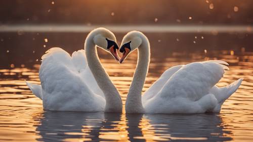 An adorable pair of swans forming a heart during a sunrise.