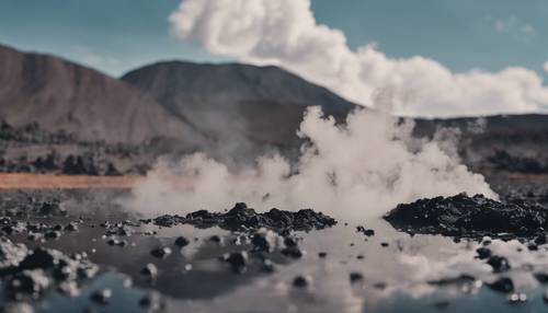 A black lagoon, a common sight in a hot volcanic landscape with steam rising off its surface.