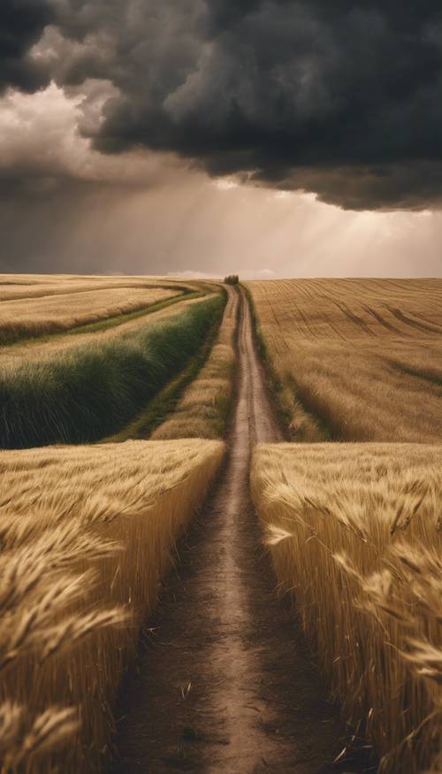 View of a country road winding through golden fields of barley under a dramatic, stormy sky.