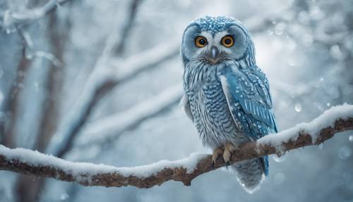 A baby-blue owl with shimmering feathers perched on a frostbitten branch.