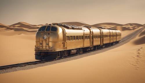 Bitmek bilmeyen bej çöl manzarasında seyahat eden ışıltılı altın rengi bir tren.