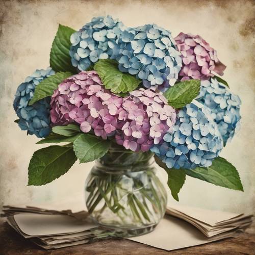 The page of a vintage postcard with a painted depiction of a rustic hydrangea bouquet.